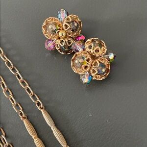Vintage/Elegant Gold and Multicolor Floral Jewelry Necklace & ClipOn Earrings